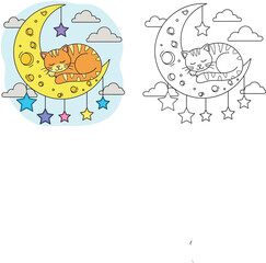 Cute Sleeping Cat on Crescent Moon with Hanging Stars and Clouds – Colorful and Black & White Illustration for Kids Coloring, Nursery Decor, and Creative Graphic Resources