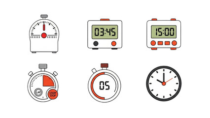Naklejka premium Timer and Stopwatch Icons Set | Kitchen Timer, Cooking Time Symbols, Countdown Labels