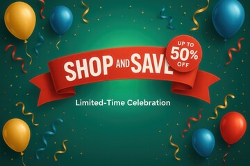 Celebration banner featuring SHOP AND SAVE with up to 50% OFF discount offer, festive vibrant style, engaging retail promo.