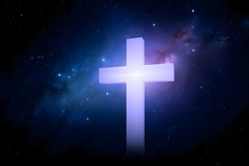Fototapeta premium Shining cross against the backdrop of a starry sky with nebulae and galaxy formations around it