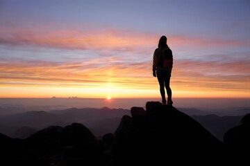 Silhouette of person watching sunrise from mountain top with colorful sky landscape view at dawn
