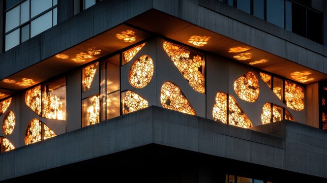 Modern building fasade with artistic light pattern at sunset