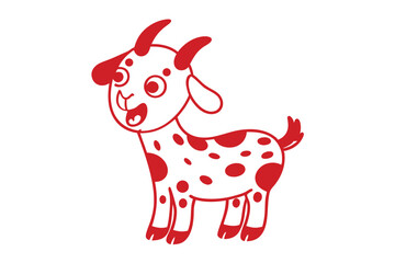 Spotted cartoon goat smiles cheerfully; the happy domestic animal has red spots all over