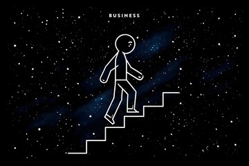 Stick figure climbs stairs in space towards business success and reaching for the stars goal oriented