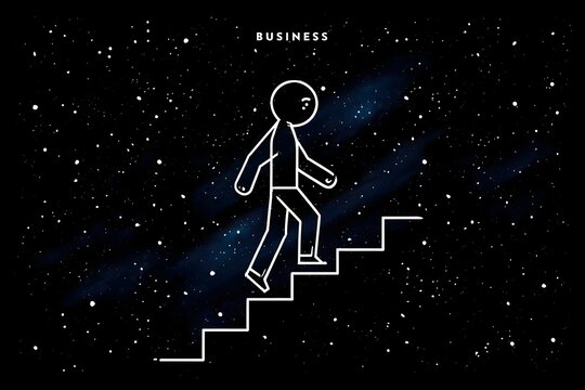 Stick figure climbs stairs in space towards business success and reaching for the stars goal oriented