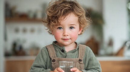 Child drinking fresh water from glass healthy hydration concept