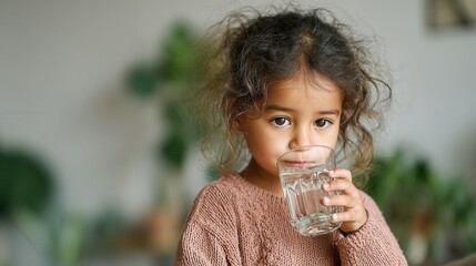 Child drinking fresh water from glass healthy hydration concept