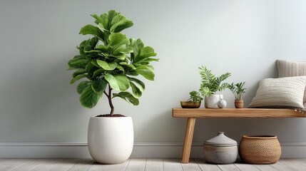Fiddle leaf fig in white pot on white background