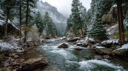 Fast-flowing mountain creek partially frozen in winter