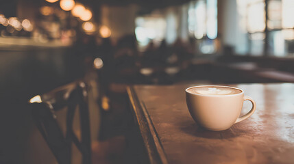 Steaming hot latte cup on an elegant cafe table, evoking a warm morning breakfast atmosphere.