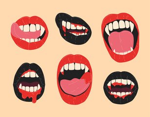 Halloween set of vampire open mouth with fangs and tongue. Female red and black lips with long pointed canine teeth and blood. Mystery design collection for holiday decoration, card, print, invitation