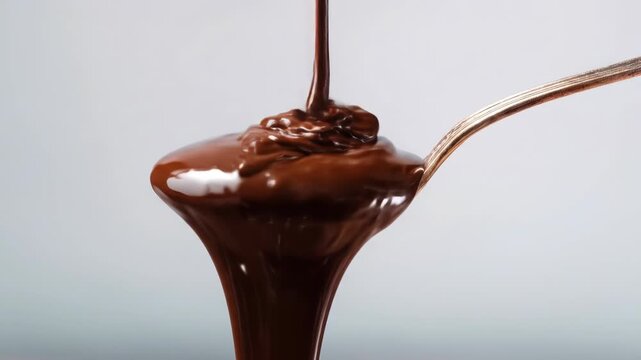 Melted chocolate being poured onto a silver spoon against a light background