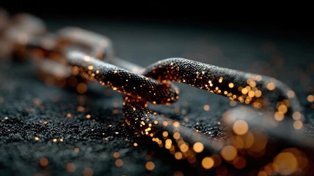 Chain Resilience: An evocative macro shot captures the strength of a weathered chain against a dark, textured backdrop, highlighting its resilience and enduring quality.