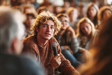 Young man asking a question during a business conference holding a microphone
