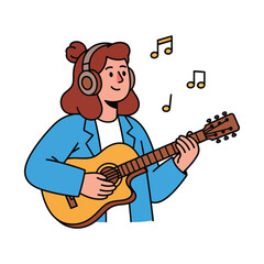 A person with brown hair wearing headphones is playing an acoustic guitar.