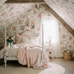Shabby Chic Attic Bedroom with Whitewashed Furniture, Soft Florals, and Romantic Vintage Decor
