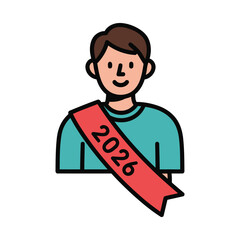 A young man wearing a red sash with the year 2026 printed on it, symbolizing a future event or achievement.