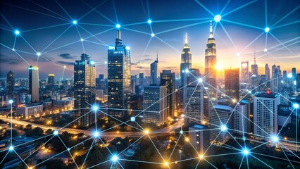Fototapeta premium Panoramic view of a bustling city skyline at sunset, with a bright digital network of interconnected lights spanning across the skyscrapers, signifying smart city infrastructure