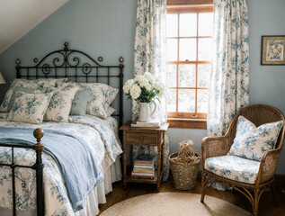 Vintage Cottagecore Attic Bedroom with Hydrangeas, Floral Upholstery, and Lace Details