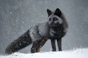 Obraz premium Fox Silver. Silver Fox Variation of Red Fox in Snowfall, Czech Republic