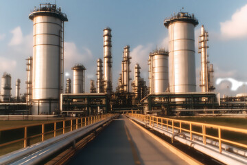Obraz premium Industrial scene with wide view of inspection pipes and refinery towers under bright cloudy sky