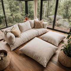 Modern natural sunroom overhead view with linen cushions, wooden textures, and greenery decor
