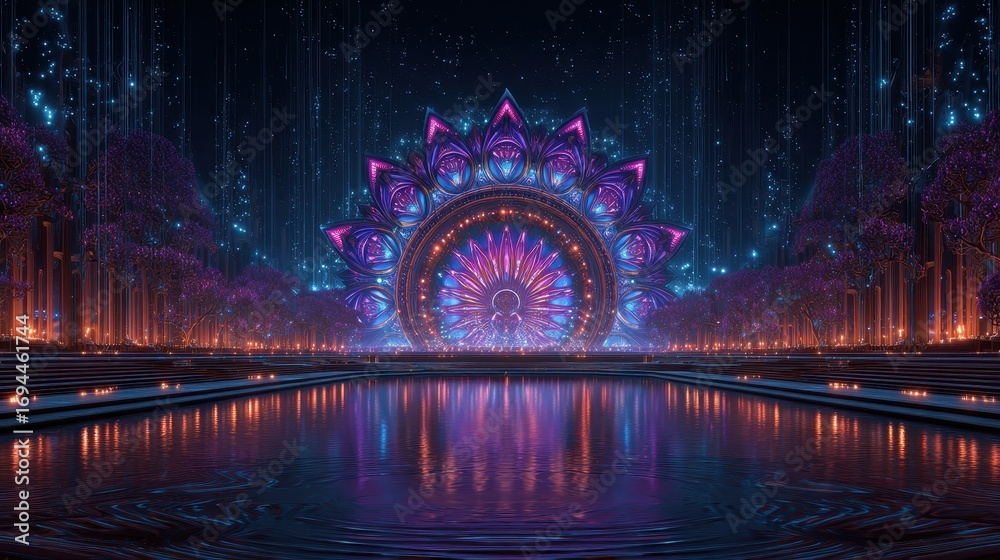 Poster psychedelic virtual reality landscape with vibrant patterns and colors