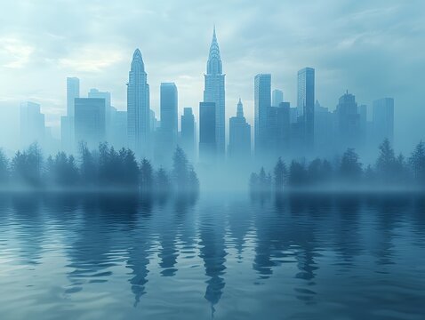 A foggy city skyline with buildings reflected in misty water suggesting environmental themes like climate change and rising sea levels