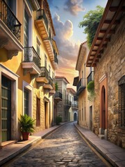 Fototapeta premium A tranquil street in a historic colonial zone with intricate stone walls and ornate balconies