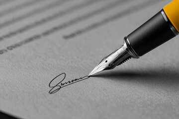 Fototapeta premium Elegant fountain pen completing signature on important document