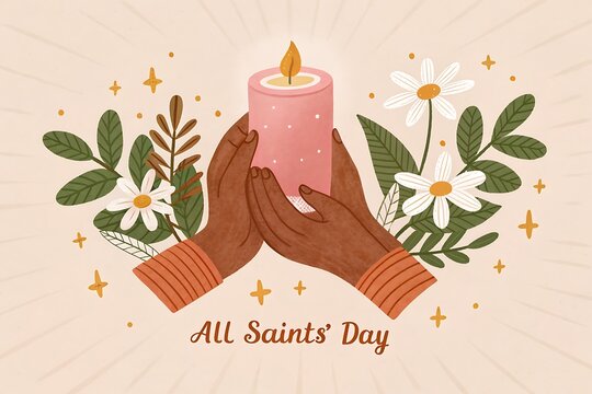 All Saints' Day Illustration Featuring Candle, Flowers, and Hand Gesture of Reverence

