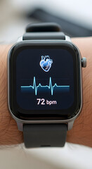 Close-up of a Modern Smartwatch Displaying Heart Rate Data on a Wrist, Sleek Smartwatch Showing a Clear Heart Rate Monitor Displayed on its Screen