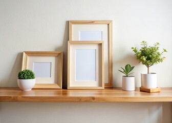 Wooden shelf with multiple three-blank picture frames wall art posters and decorative items mockup