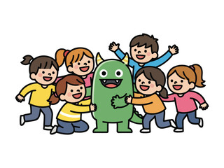 Happy children playing with and hugging a friendly green monster, depicting a joyful and imaginative scene.