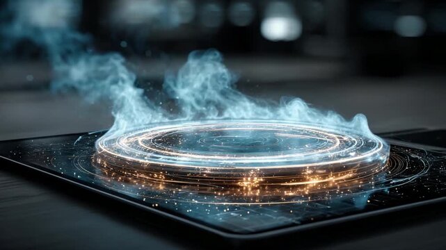 Mysterious Technological Artifact: A futuristic, ring-shaped technological artifact glows and emits ethereal vapors. Explore its cutting-edge technology, science, and innovation.