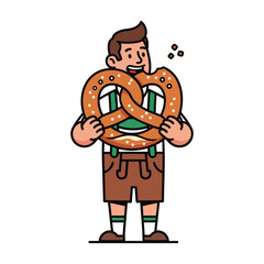 A man in traditional Bavarian clothing is happily eating a large pretzel.
