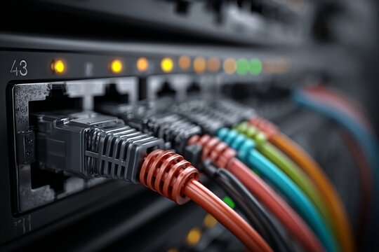 Colorful network cables connected to router providing internet and data services - Powered by Adobe