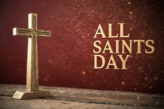 Wooden Cross Against Red Background Promoting All Saints' Day Celebration

