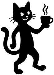 Funny Cat Silhouette Walking with Coffee Cup Illustration