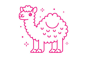 Stylized fluffy llama stands, outlined in magenta, amidst stars and dots on white background