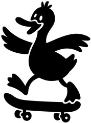 Happy Cartoon Duck Riding Skateboard Silhouette Illustration