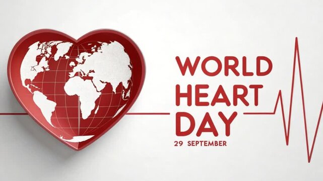 World heart day concept with heart shape and world map isolated on white background, promoting cardiovascular health awareness and prevention globally hd 4k video download