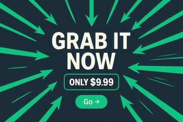 Attention-grabbing banner with GRAB IT NOW and ONLY $9.99 offer, dynamic style, compelling retail promotion discount.