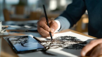 Captivating hand-drawn tree artwork evolves on a smartphone, showcasing precise lines and shading under ambient daylight.