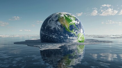 A 3D rendering of the Earth with visible melting ice caps, indicating the warming effects of climate change on the planet.
