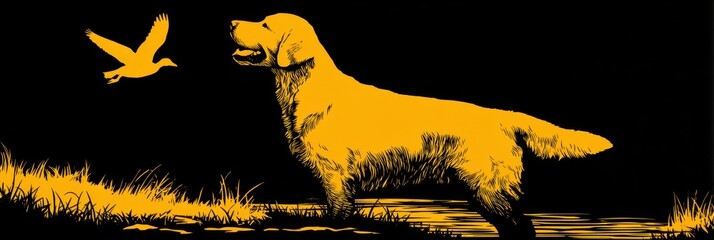 Golden Retriever Silhouette. Dog Tracking Duck in Golden Light