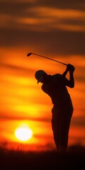 Golf Teenager at Sunset. Young Golfer Striking the Ball on Golf Course