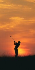 Golf Teenager. Young Golfer Playing at Sunset on Golf Course