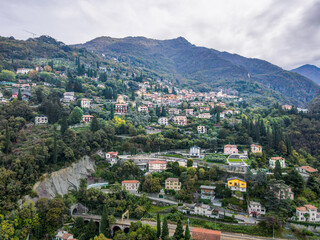 Aerial landscape of Varenna villa Lago di Como Lake in Italian Alps fall in Lombardy Italy