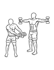 muscle male dumbbell gym sport training line art, hand drawn, sketch illustration